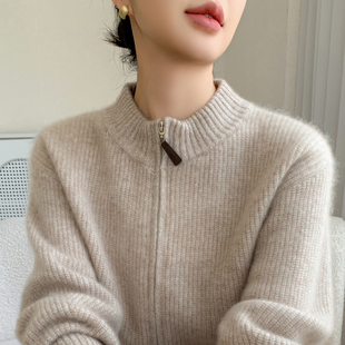 半高领加厚双拉链山羊绒开衫女高级感花纱针织毛衣宽松羊毛衫外套