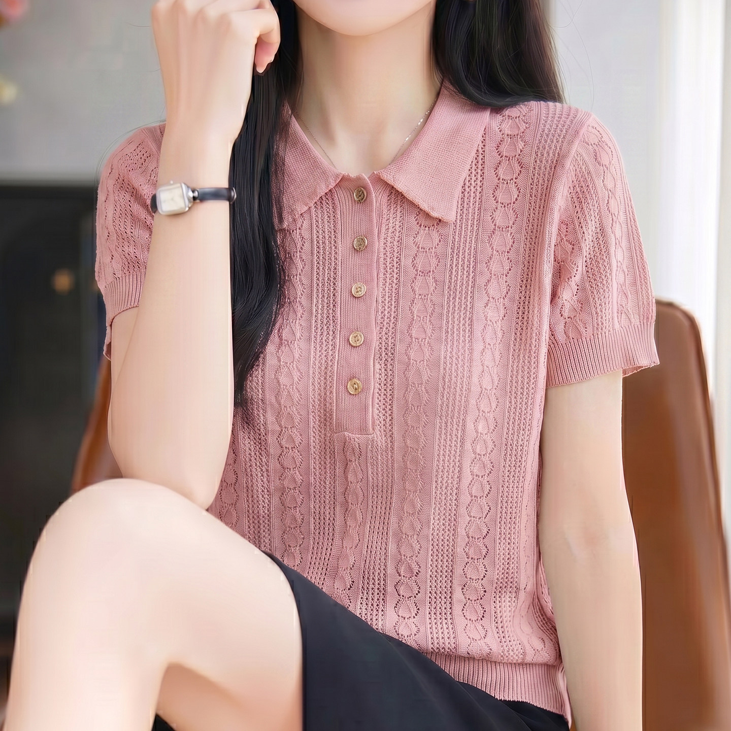 POLO领莱赛尔天丝针织短袖T恤女夏季镂空提花背心宽松打底衫半袖