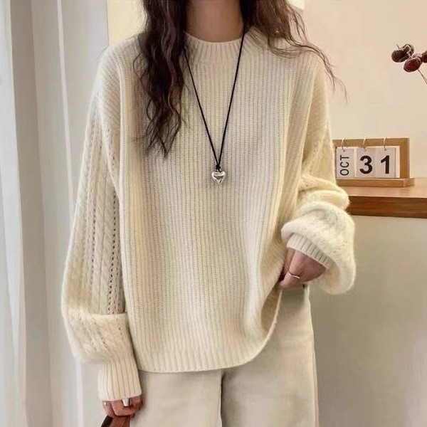 100%纯羊毛衫女圆领加厚提花灯笼袖针织毛衣宽松镂空羊绒衫打底