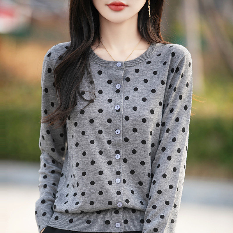 波点拼色圆领精纺羊毛开衫女外套