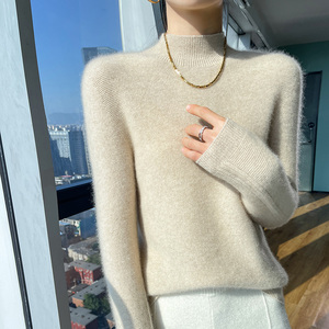 秋冬新款100%纯羊绒衫女半高领纯色长袖针织毛衣修身羊毛衫打底衫