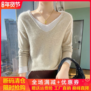 23秋冬V领拼色100%纯羊绒衫女假两件长袖毛衣宽松羊毛针织打底衫