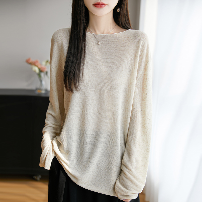 春夏薄款一字领天丝针织打底衫女宽松慵懒风长袖上衣亚麻防晒罩衫