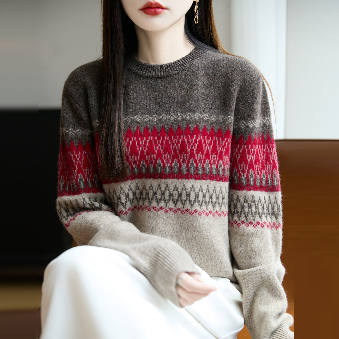 圆领加厚100%纯羊毛衫女针织长袖
