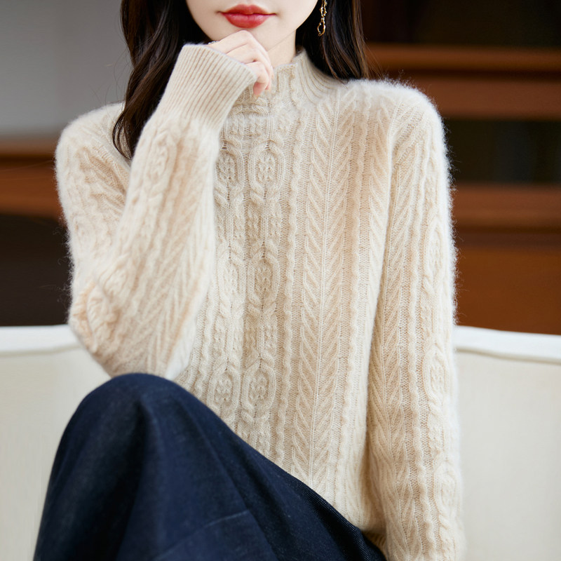 半高领加厚100%纯羊毛衫女绞花针织长袖毛衣宽松气质打底羊绒上衣,女装/女士精品,羊绒衫,淘宝优惠券,粉丝福利购,淘宝优惠卷