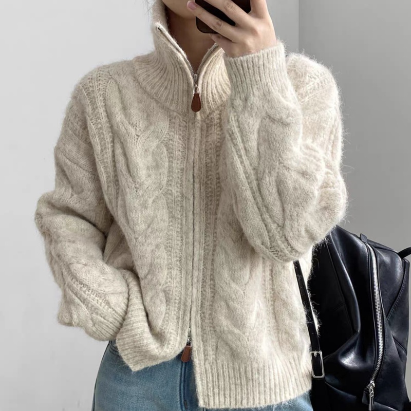 100%纯羊毛开衫半高领双拉链外套