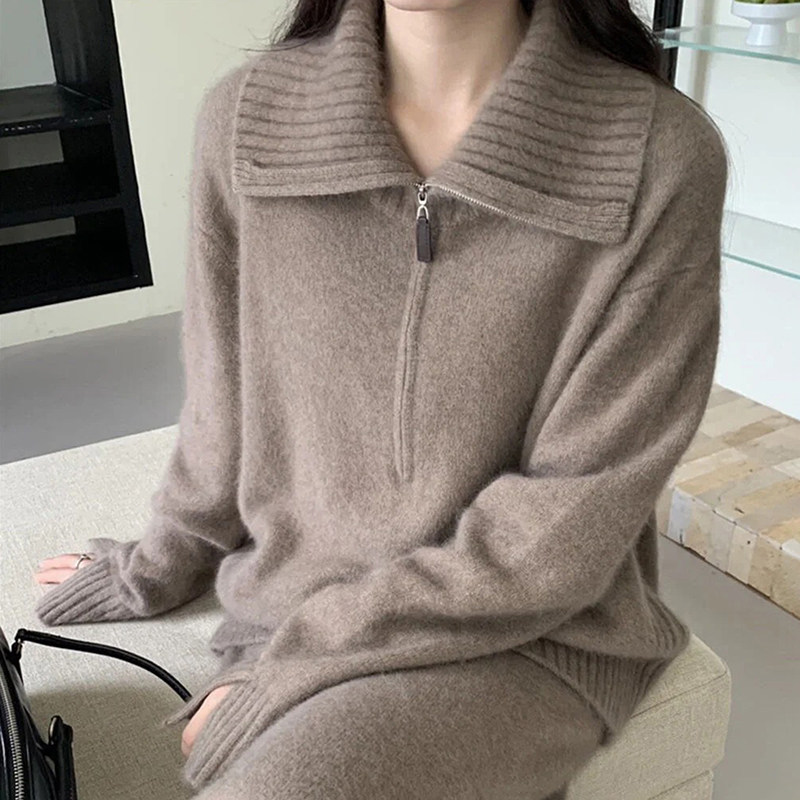 宽松慵懒风POLO领半拉链100%纯羊毛衫女加厚宽松显瘦羊绒针织毛衣,女装/女士精品,羊绒衫,淘宝优惠券,粉丝福利购,淘宝优惠卷