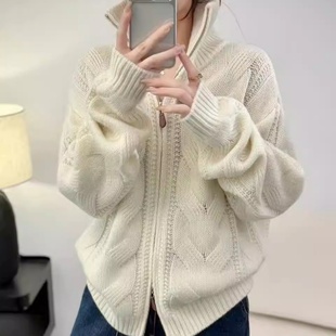 重磅加厚高领100%羊毛开衫女双拉链扭花针织毛衣外套宽松羊绒上衣
