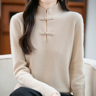 新中式国风100%纯羊毛衫女半高领盘扣针织长袖毛衣宽松打底羊绒衫
