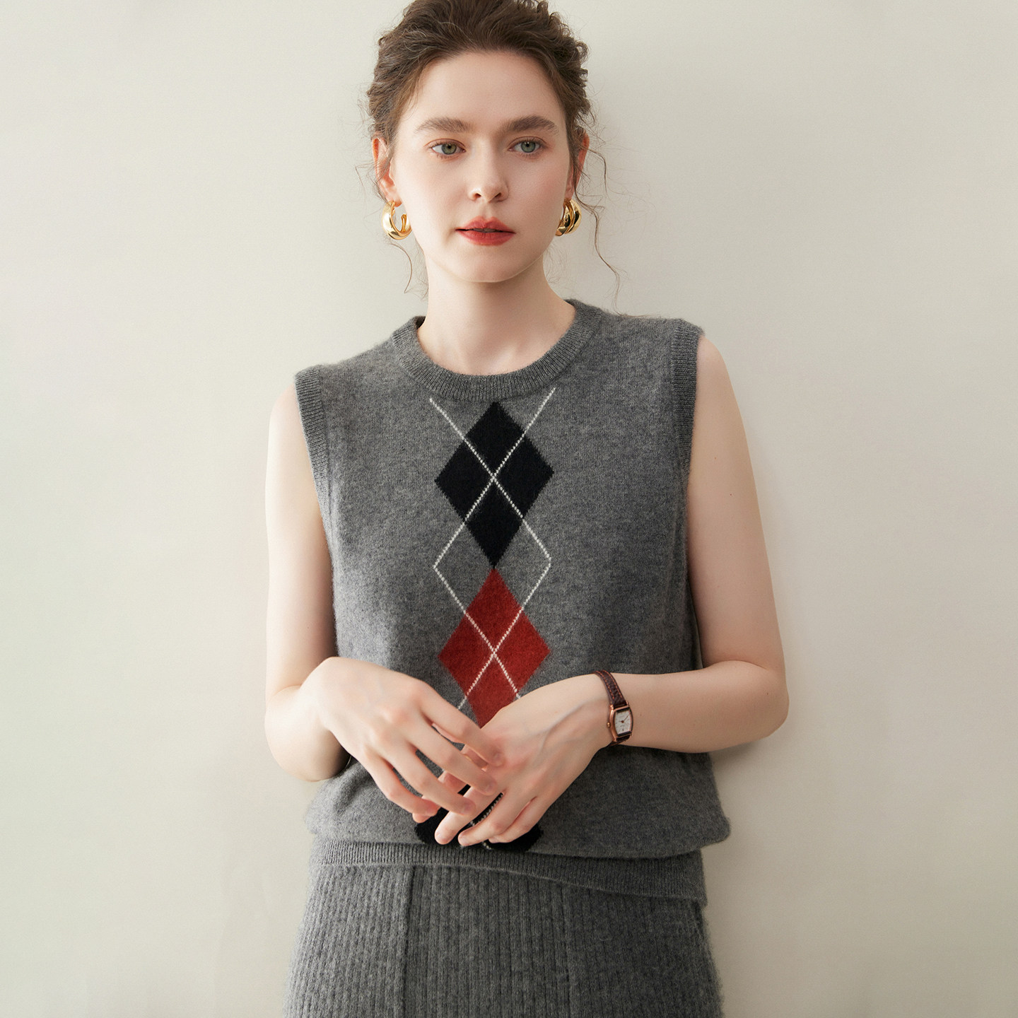 老钱风菱格提花羊绒衫女无袖圆领拼色坎肩毛衣宽松羊毛衫马甲背心,女装/女士精品,羊绒衫,淘宝优惠券,粉丝福利购,淘宝优惠卷