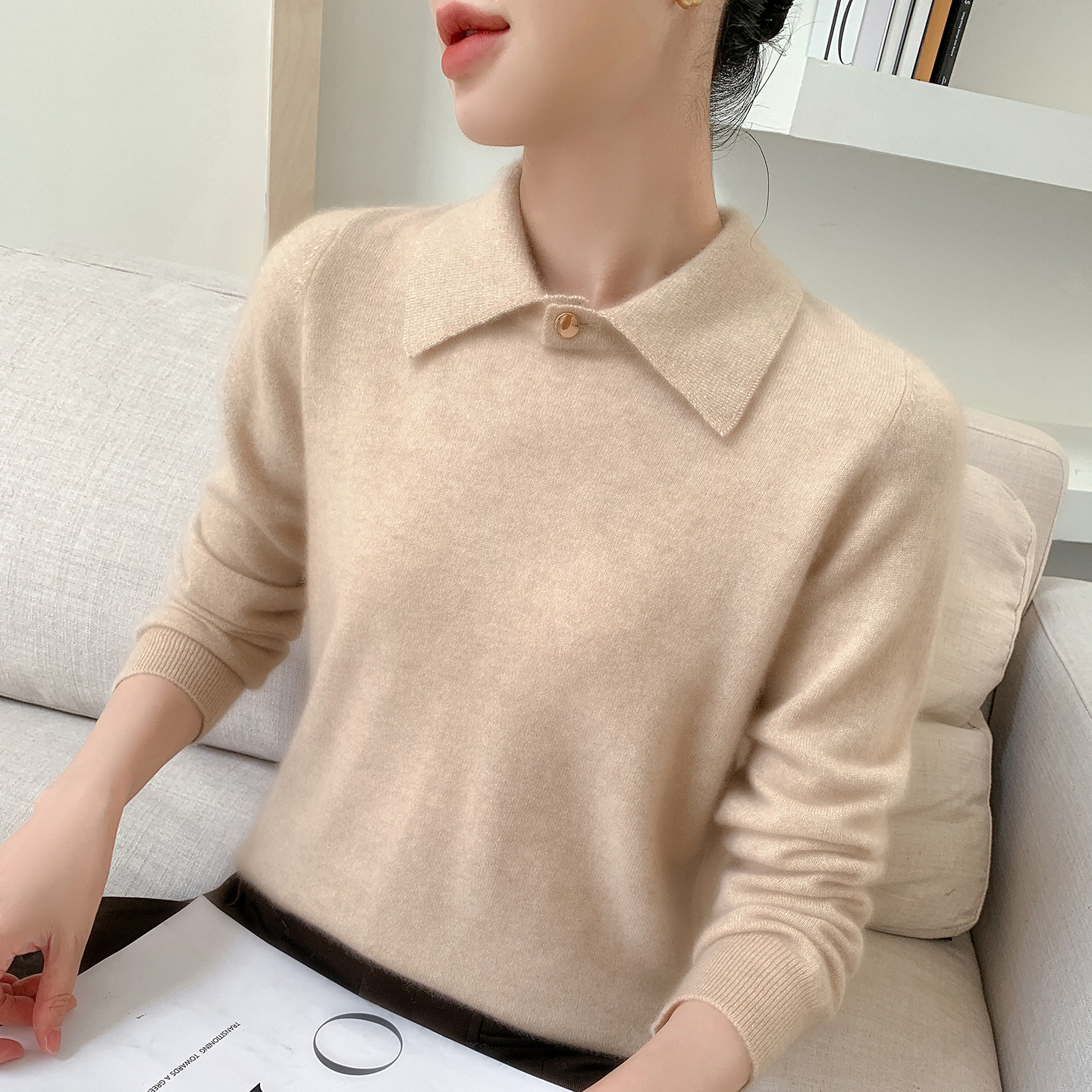 POLO领baby小山羊绒衫金属扣毛衣