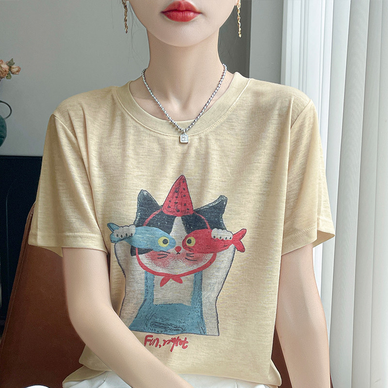 100%莱赛尔天丝针织短袖T恤女圆领猫咪拼色上衣宽松薄款背心打底