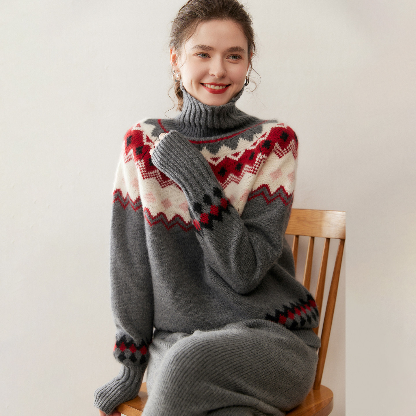 重磅费尔岛提花加厚山羊绒衫女高领拼色针织毛衣宽松慵懒羊毛打底,女装/女士精品,羊绒衫,淘宝优惠券,粉丝福利购,淘宝优惠卷