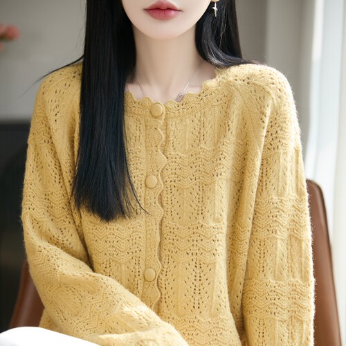 100%纯棉镂空钩花开衫毛衣女外套