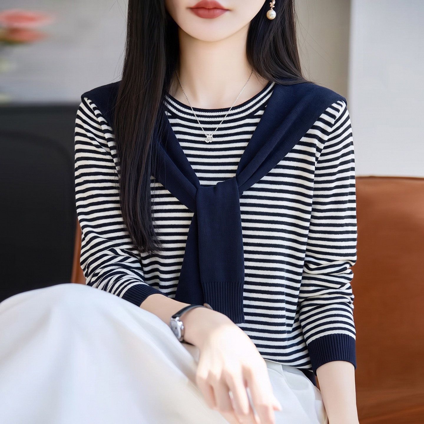 秋冬精纺羊毛条纹披肩两件套打底