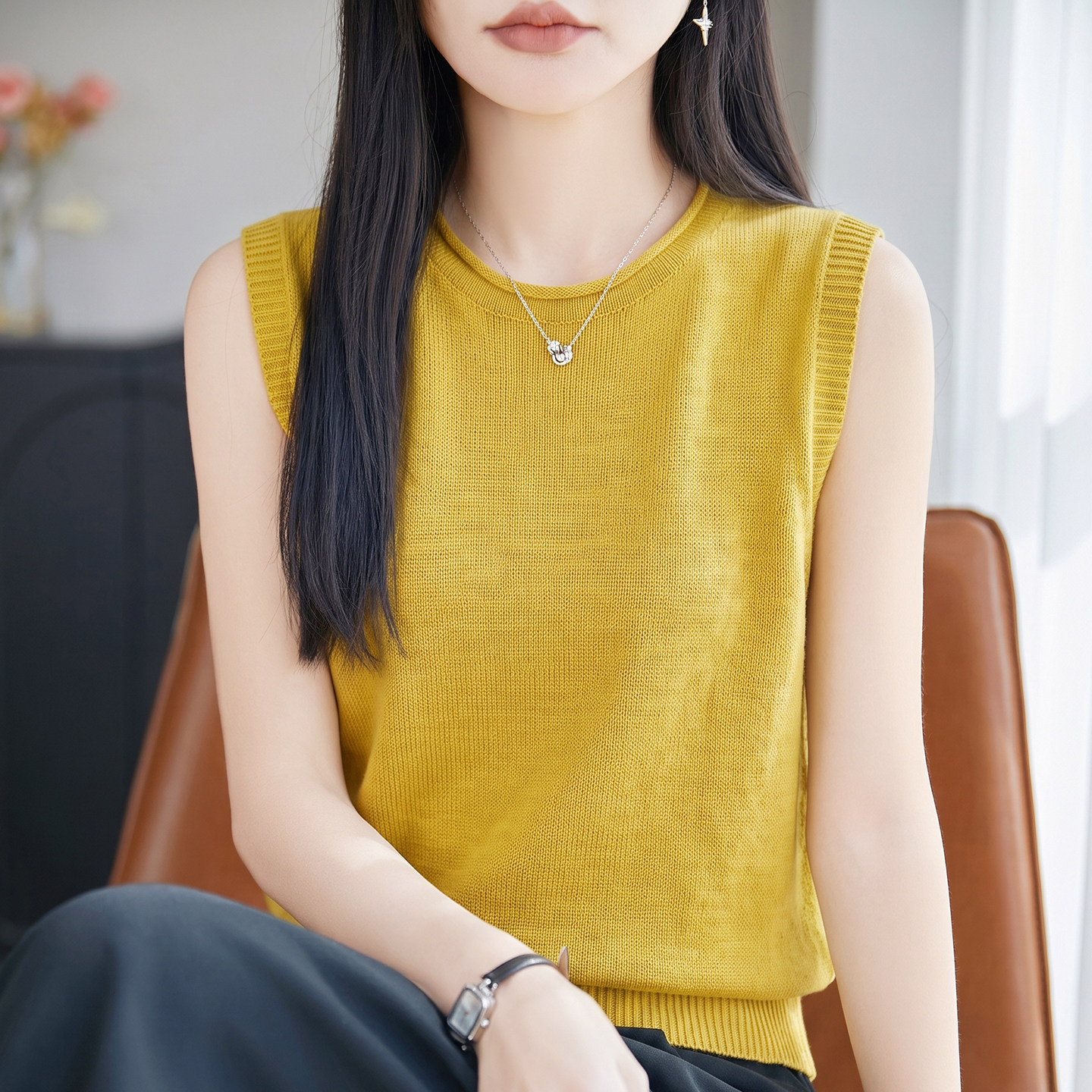 夏季薄款竹节麻针织无袖背心女卷边圆领纯色吊带T恤宽松内搭打底