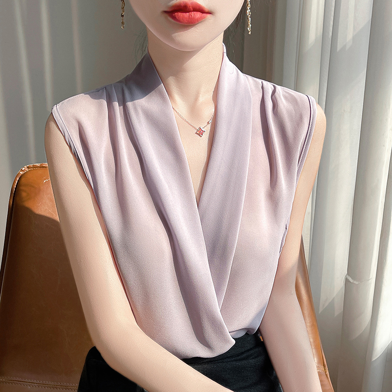 春夏乔其纱缎面交叉V领无袖背心女短袖T恤宽松内搭吊带打底衫上衣