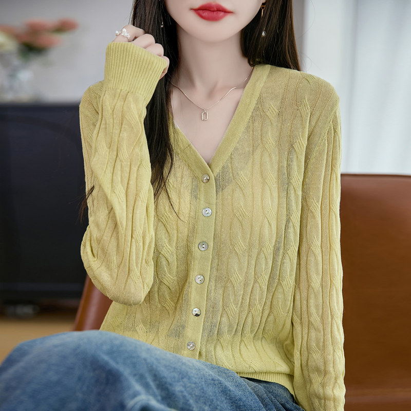 春秋款天丝亚麻针织长袖开衫毛衣