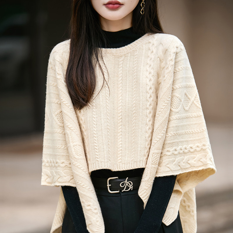 秋冬100%纯羊毛衫女圆领提花针织斗篷披肩宽松毛衣外搭披风上衣