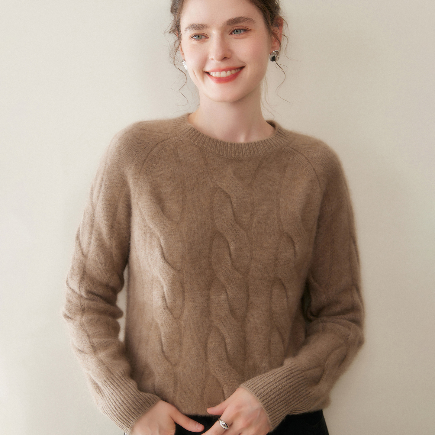 重磅三股加厚山羊绒衫女圆领麻花插肩袖针织毛衣宽松打底羊毛上衣