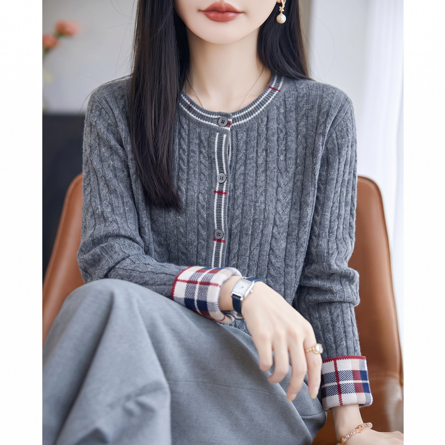复古撞色精纺羊毛女开衫显瘦外套
