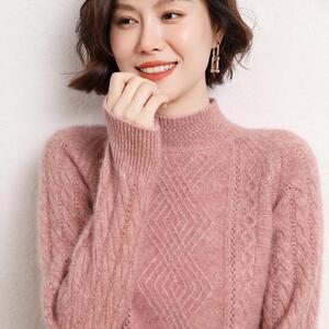 重磅三股加厚100%纯山羊绒衫女半高领绞花针织毛衣宽松羊毛打底衫