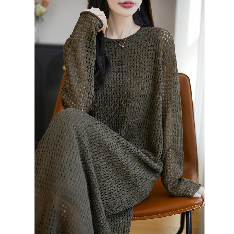 春夏轻奢圆领镂空针织两件套长裙女中长款过膝时尚宽松套装连衣裙