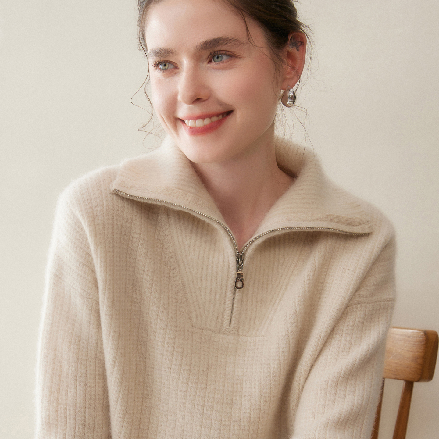 高级感拉链半开领山羊绒衫女毛衣