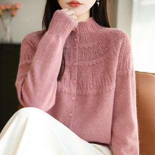 秋冬加厚半高领精纺羊毛衫女花边镂空钩花针衫毛衣宽松提花外套