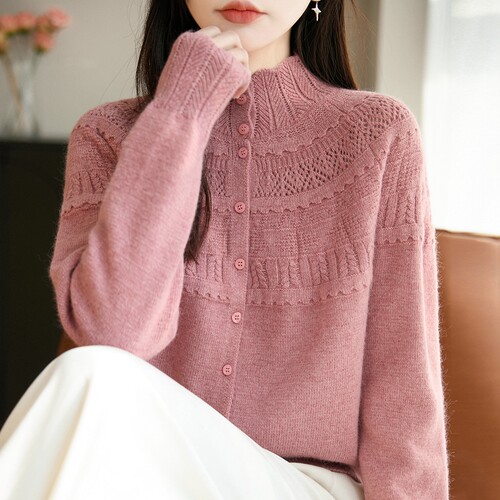 加厚半高领精纺羊毛开衫提花外套