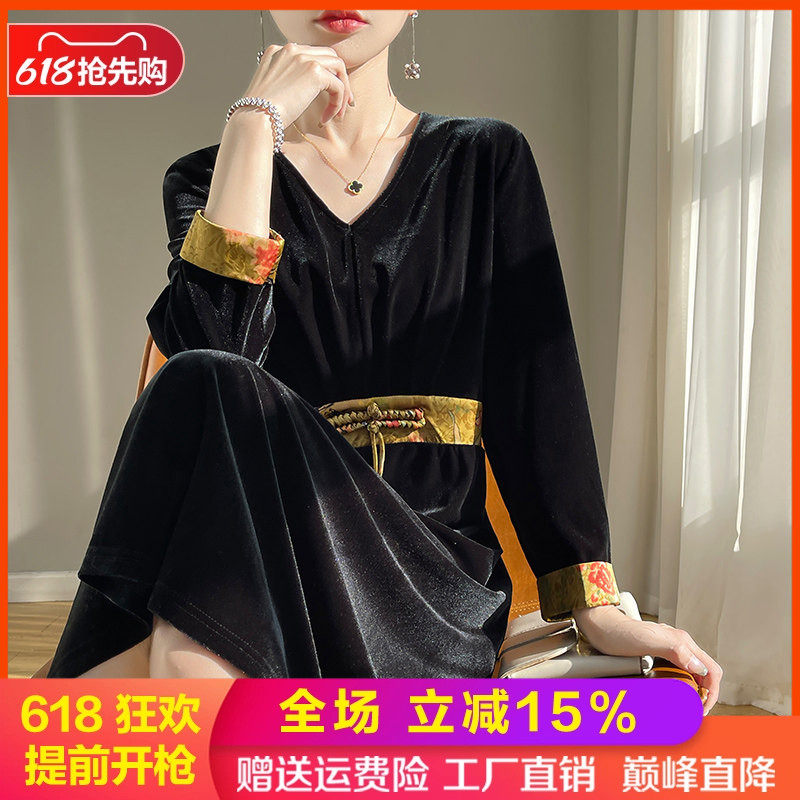 春秋新款V领中长款金丝绒连衣裙