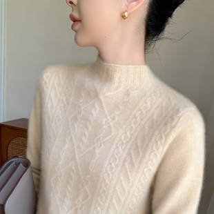 25秋冬加厚半高领山羊绒衫女菱形绞花针织长袖毛衣宽松打底羊毛衫