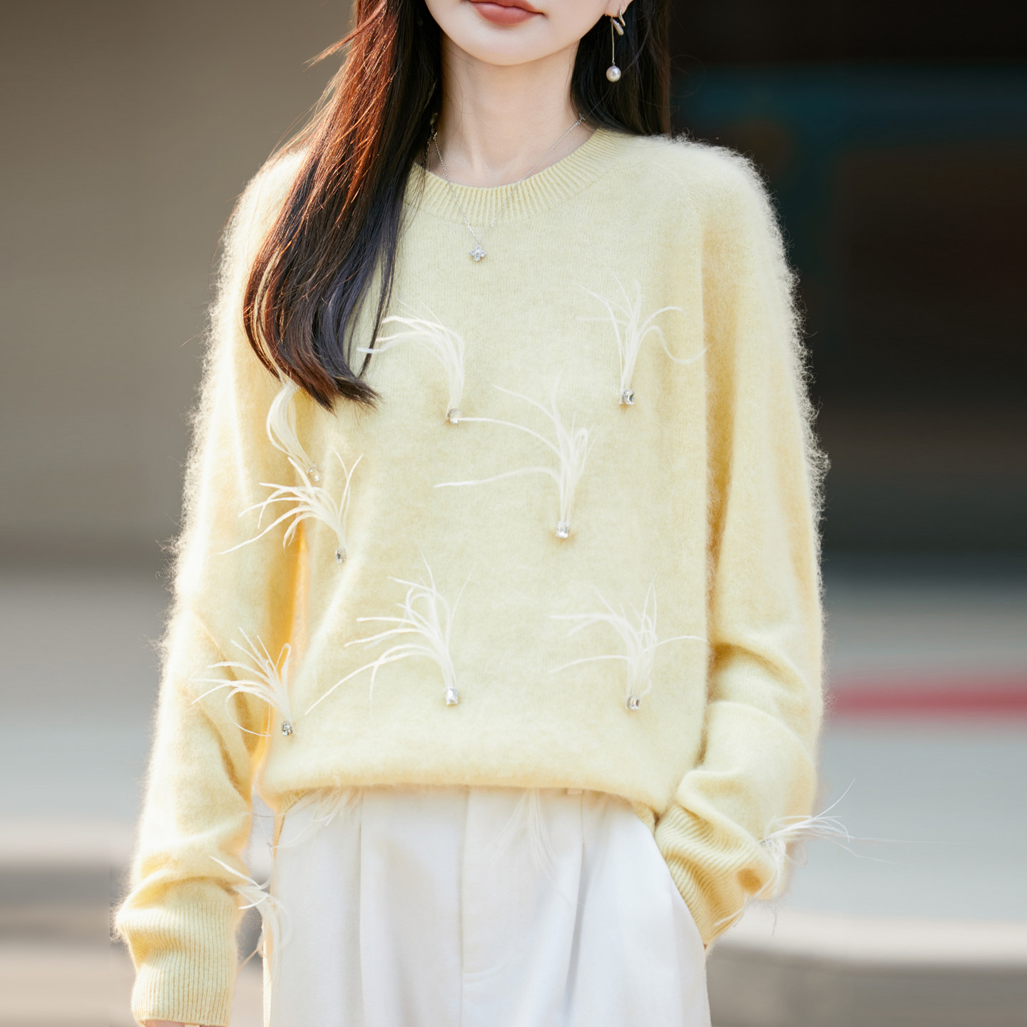 100%羊毛重工羽毛钉钻女毛衣打底