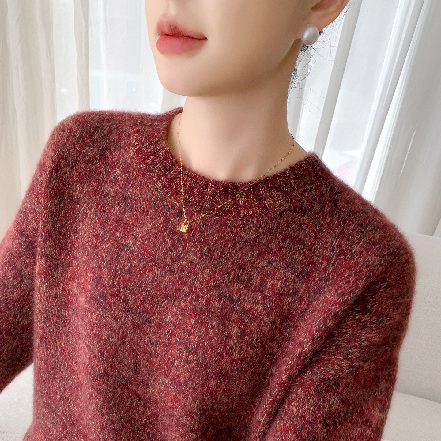 重磅加厚100%纯羊毛衫女圆领花纱针织长袖毛衣宽松保暖羊绒衫打底