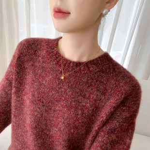 重磅加厚100%纯羊毛衫女圆领花纱针织长袖毛衣宽松保暖羊绒衫打底