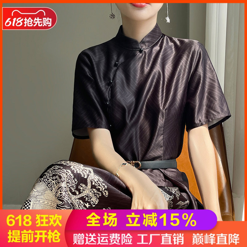 立领盘扣中长款短袖连衣裙A字裙