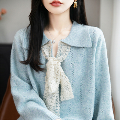 法式高级感精纺羊毛衫女翻领毛衣