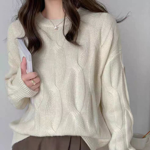 韩版宽松慵懒风100%美丽诺纯羊毛衫女加厚针织毛衣扭花羊毛衫上衣