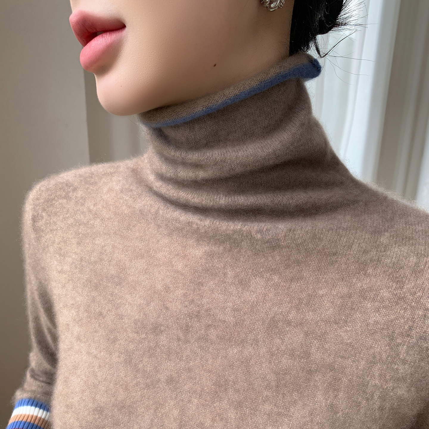 高领撞色山羊绒衫女堆堆领毛衣