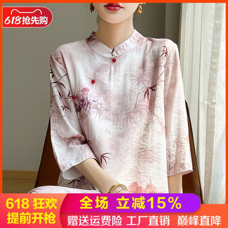 国风新中式缎面真丝短袖女连衣裙