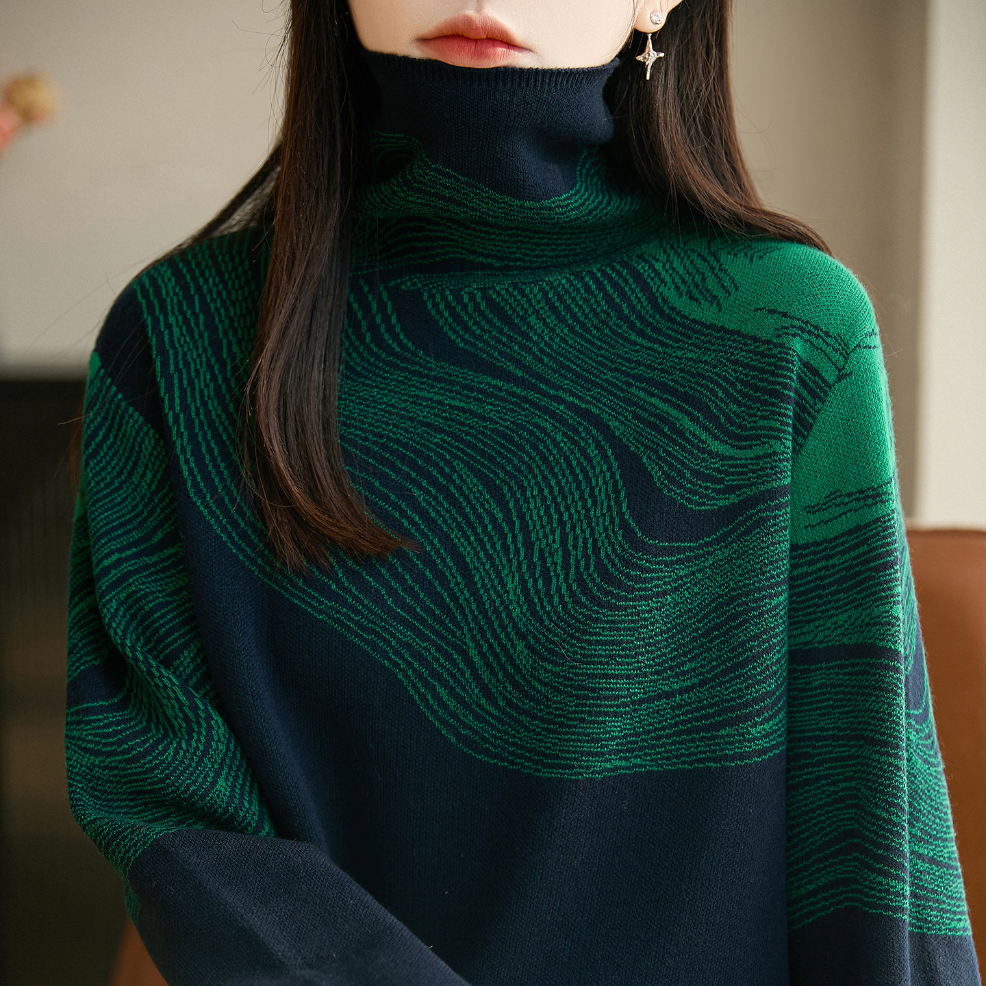 高领撞色提花精纺羊毛衫女秋冬新款长袖针织毛衣宽松慵懒打底上衣,女装/女士精品,羊绒衫,淘宝优惠券,粉丝福利购,淘宝优惠卷