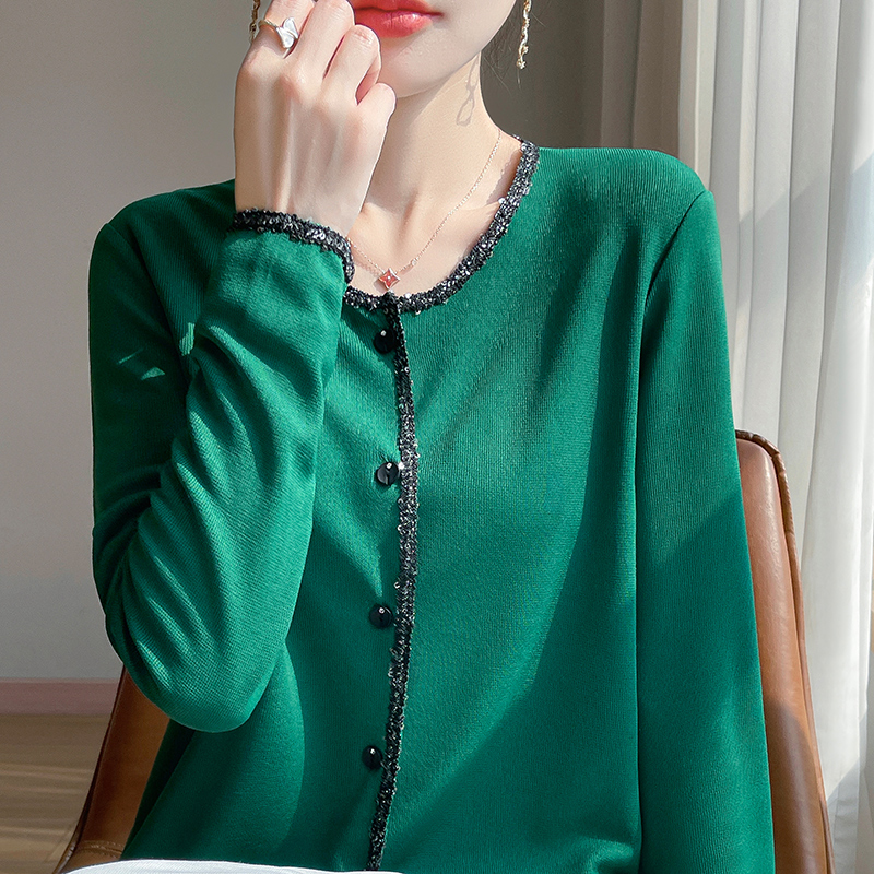 圆领亮片针织开衫女长袖毛衣外套