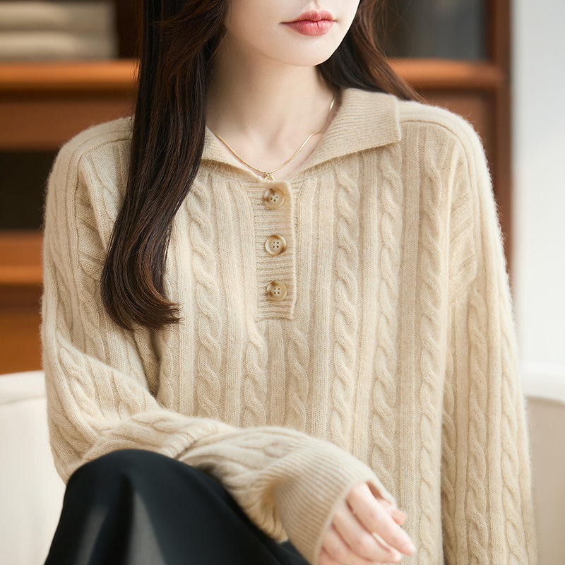 秋冬加厚POLO领麻花纽扣100%纯羊毛衫女宽松百搭显瘦羊绒针织毛衣