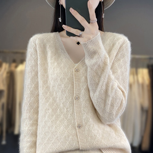 100%纯羊绒外套女V领菱形镂空宽松羊毛针织开衫长袖绞花外搭毛衣