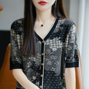 100%莱赛尔天丝针织短袖开衫女V领复古拼色T恤衫上衣宽松半袖外套