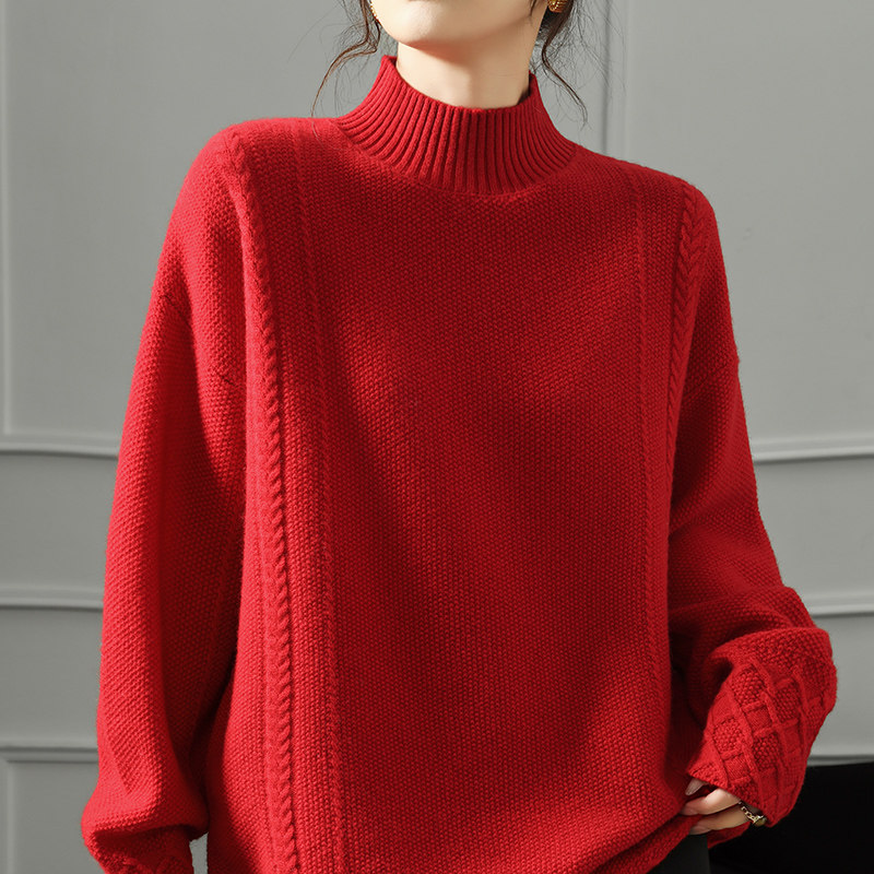 松弛感半高领加厚提花100%纯羊毛衫女宽松慵懒羊绒衫针织打底毛衣,女装/女士精品,羊绒衫,淘宝优惠券,粉丝福利购,淘宝优惠卷
