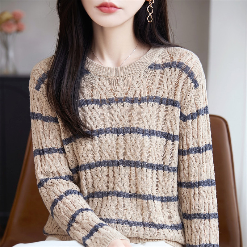 慵懒风圆领条纹镂空精纺羊毛针织衫女宽松亮丝毛衣麻花长袖打底衫