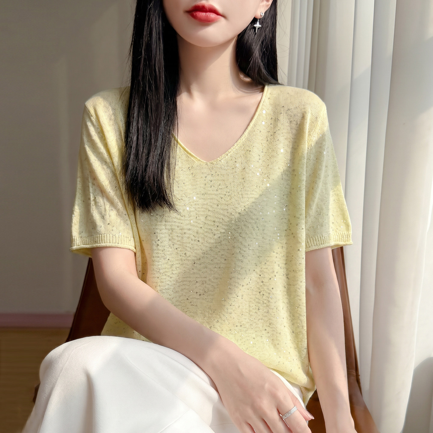 天丝亚麻V领夏季亮片短袖T恤背心