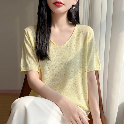 天丝亚麻V领夏季亮片短袖T恤背心