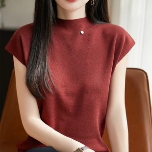 打底上衣 半高领精纺羊毛衫 针织短袖 T恤女25春夏薄款 纯色宽松半袖